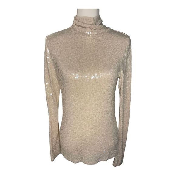 Express Tops - Express Women’s Medium Tan Sequin Mock Neck Long Sleeve Top